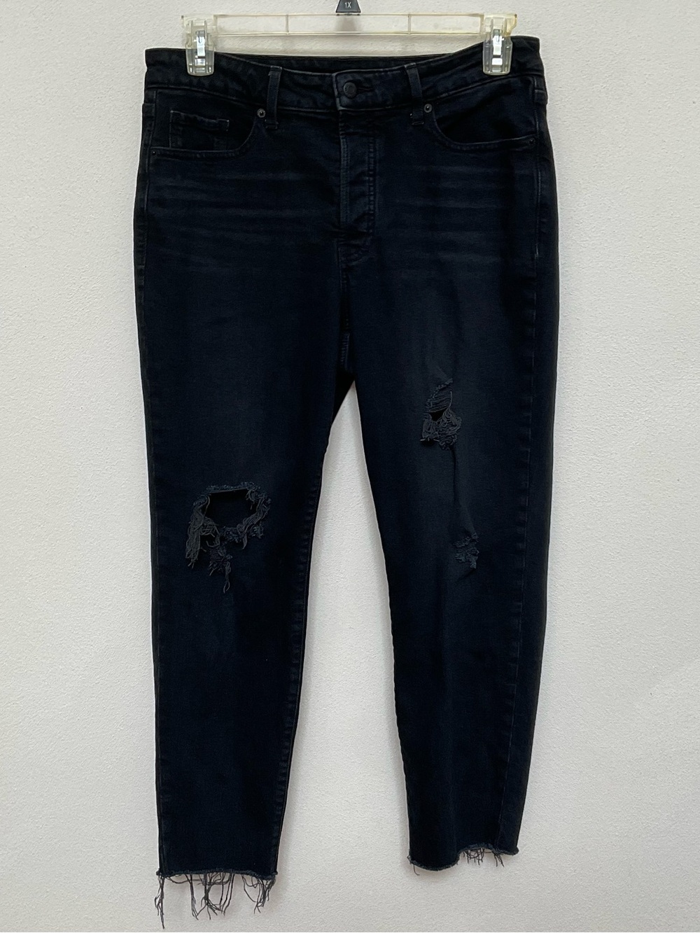 Old Navy Black Distressed High Rise OG Straight Button Fly Raw Hem Jeans Size 12